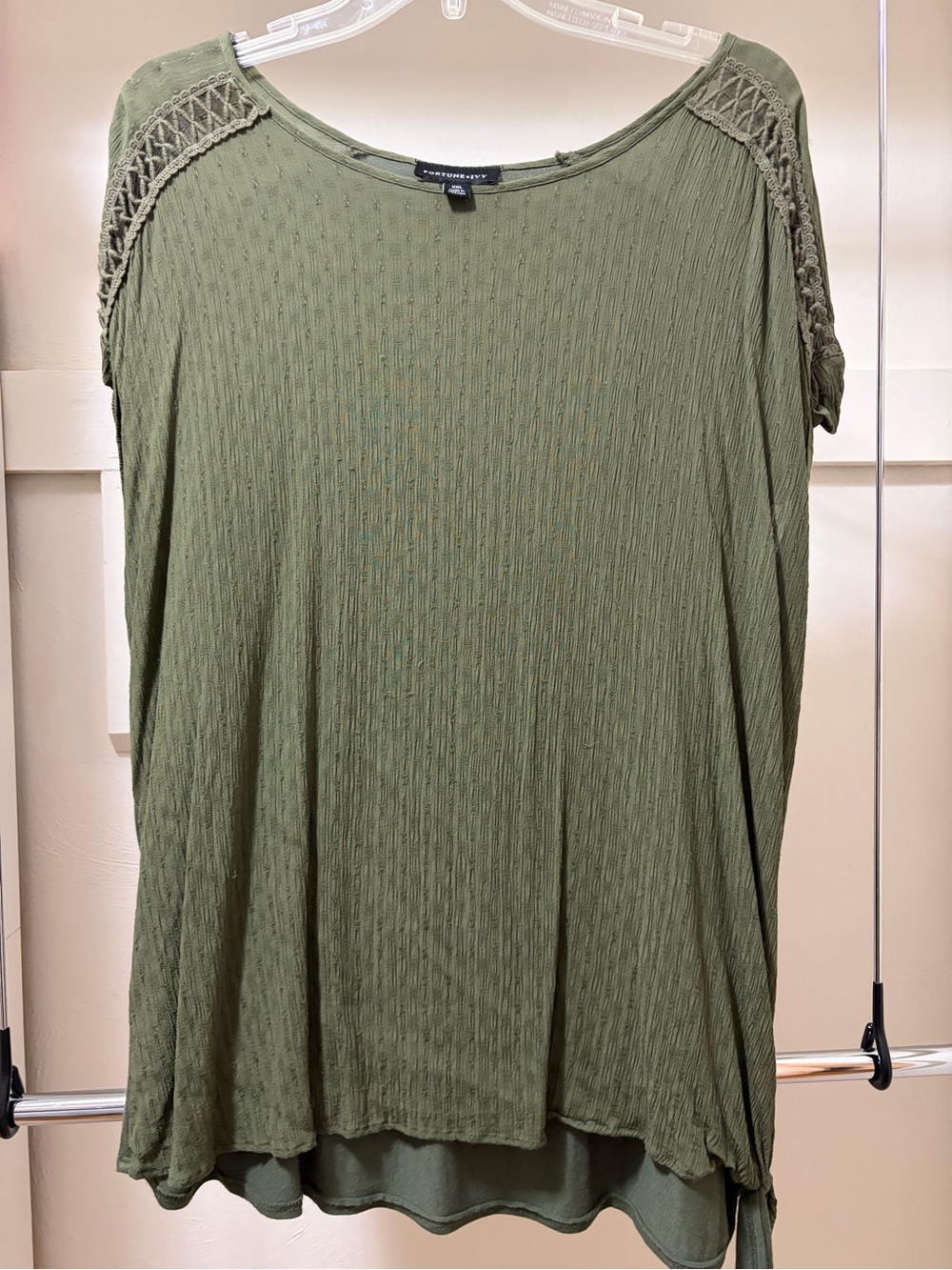Olive Green Short Sleeve Top with Crochet Shoulder - Women’s